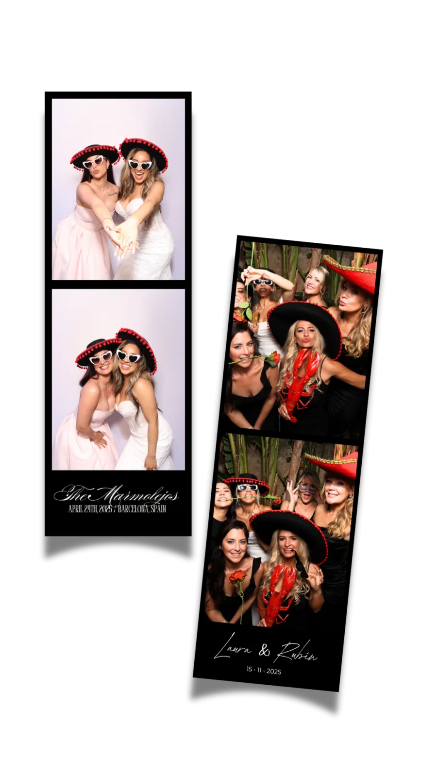 Dos tiras de 2 fotos sobre fondo negro con los nombres en caligrafía blanca, la fecha y la ciudad — diseño de fotomatón de boda