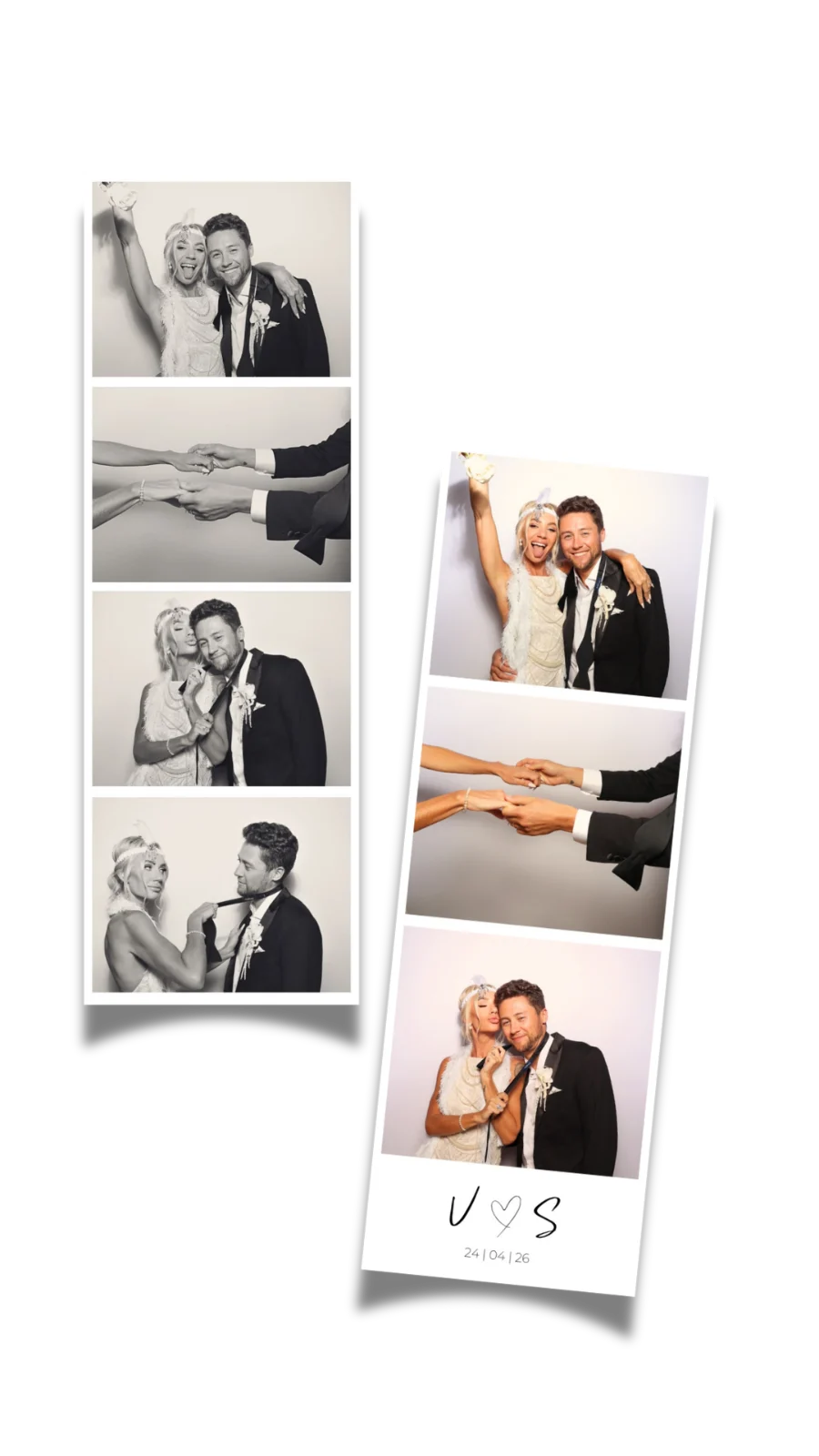 Tira de 4 fotos en blanco y negro y tira de 3 fotos en color con monograma y fecha — diseño de fotomatón de boda