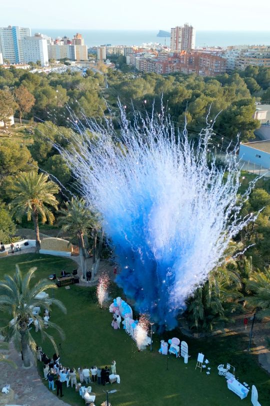 Gender reveal con humo azul en un jardín junto al mar